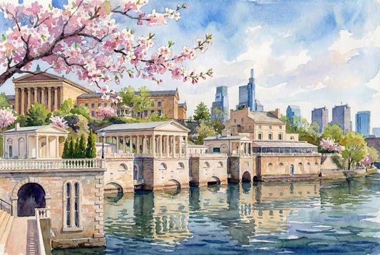 Fairmount Water Works with Philadelphia skyline in Spring.