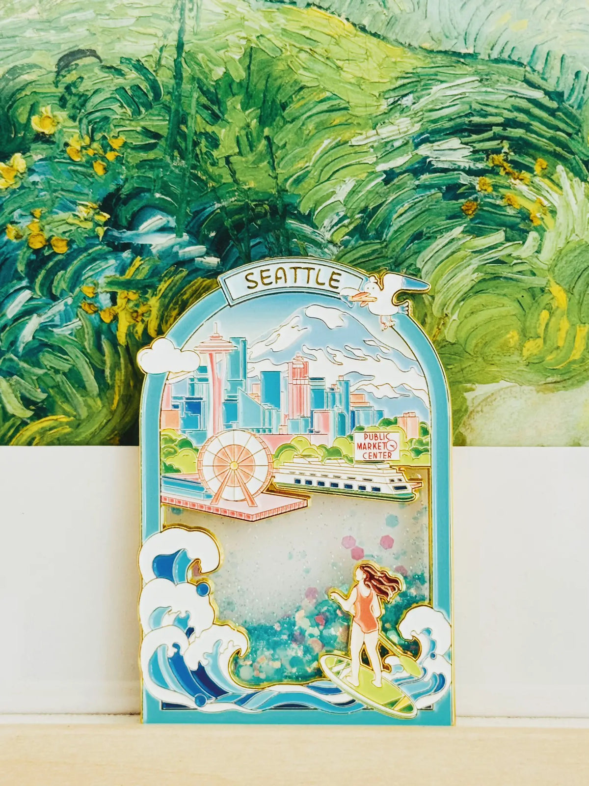 Decorative sign with Seattle skyline and waterfront scene